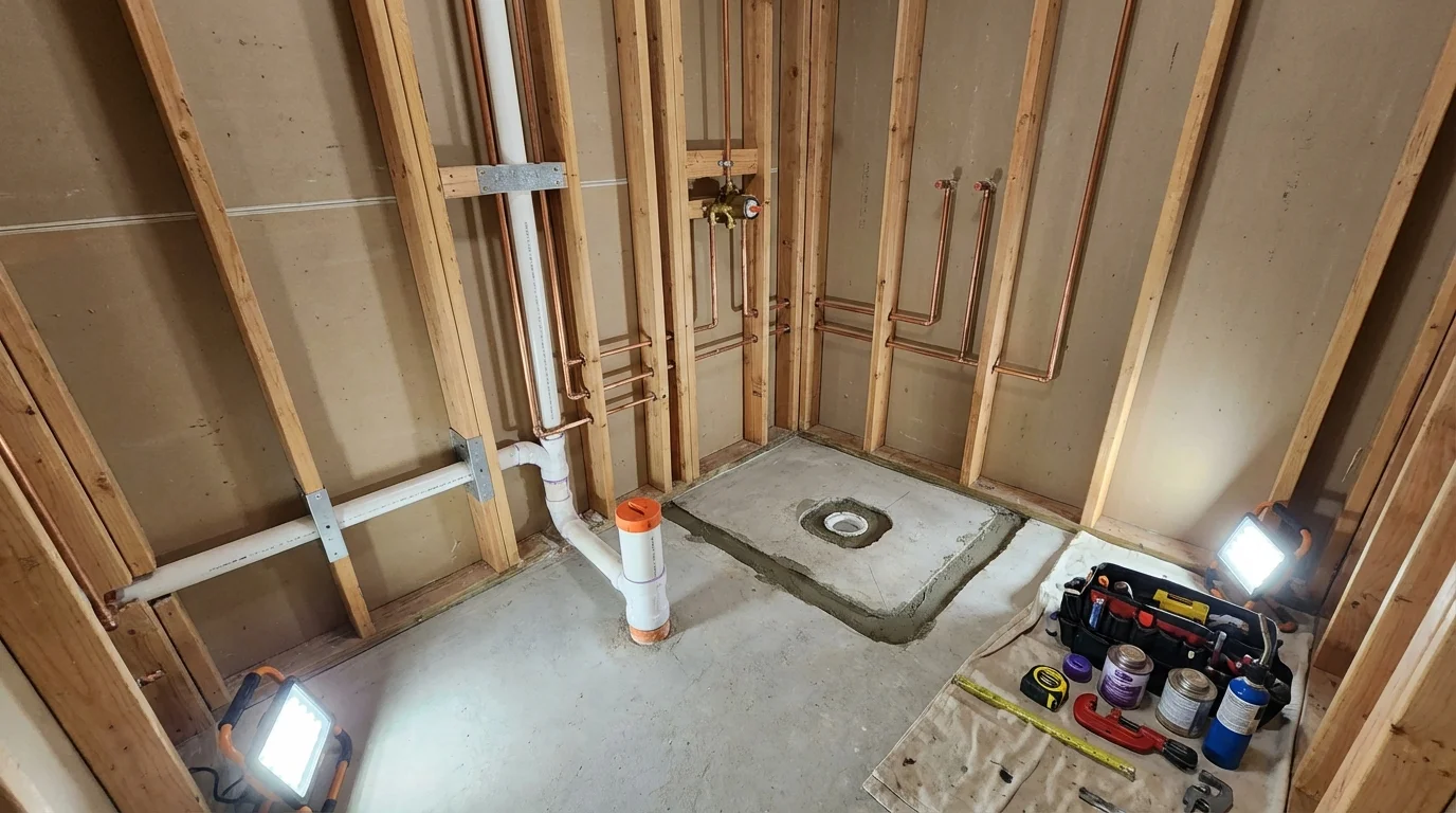 Bathroom rough-in plumbing during remodel by Johns Plumbing LLC in Deerfield