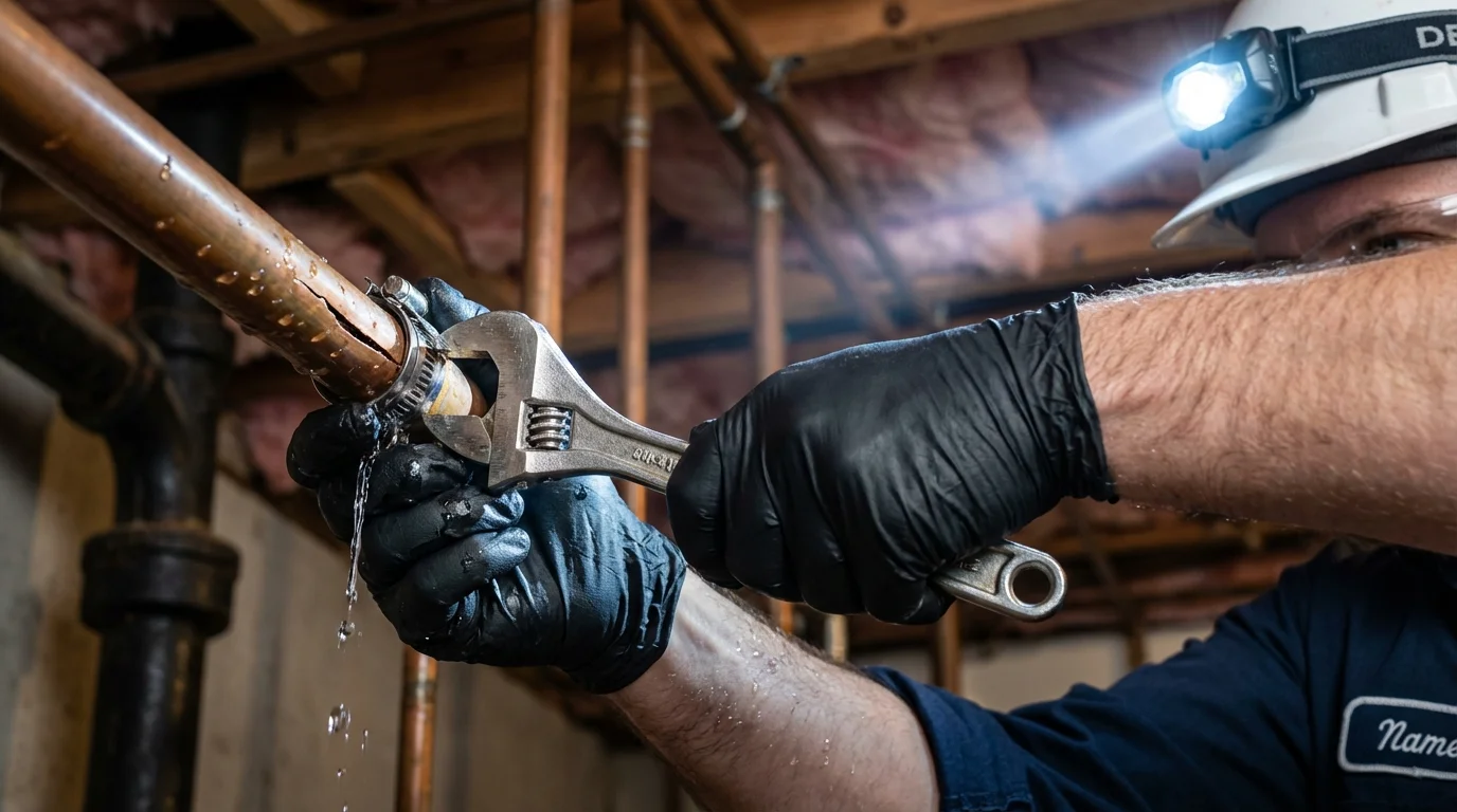 Emergency pipe clamp repair being performed by a Johns Plumbing LLC plumber in Deerfield