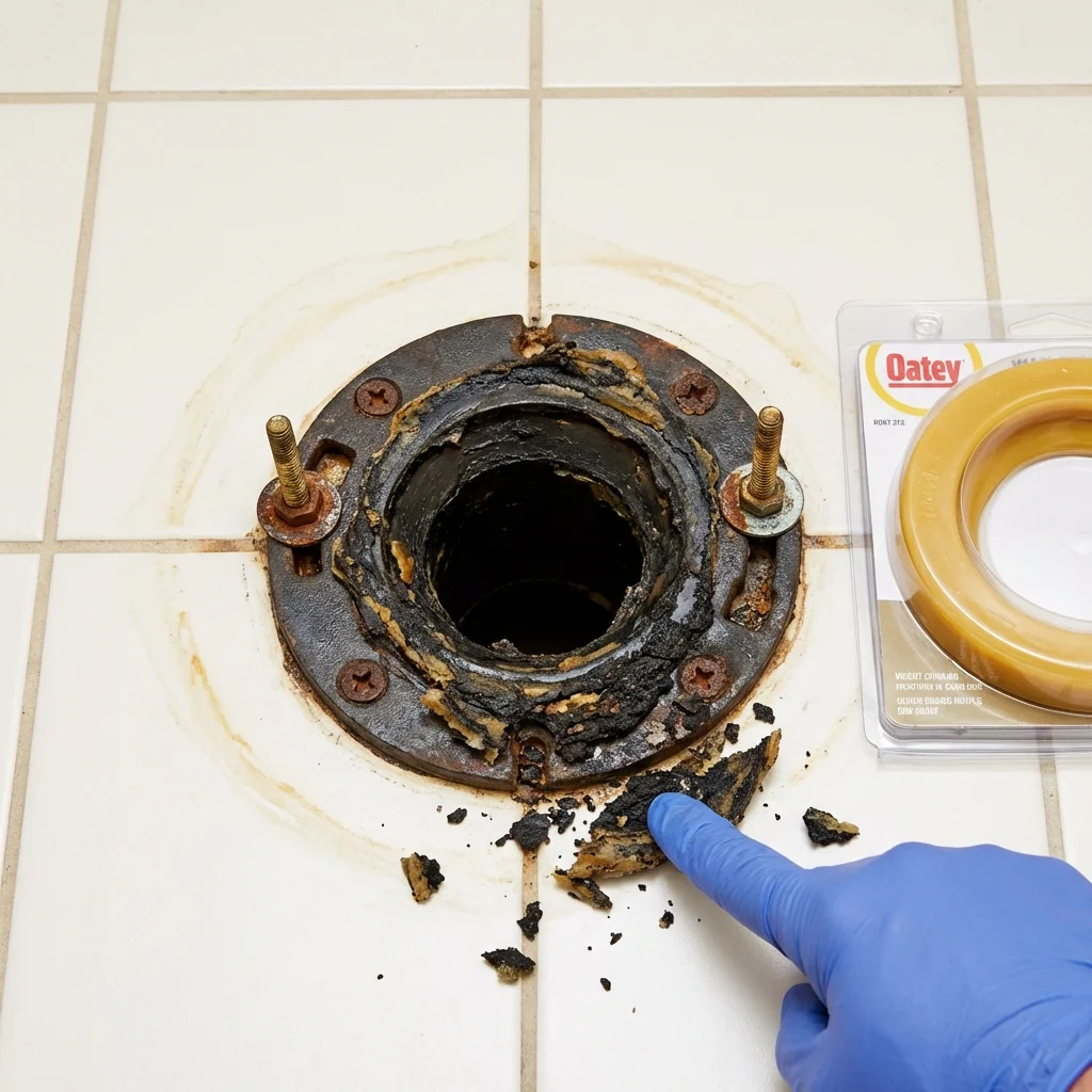 Failed wax ring showing water seepage at the base of a toilet in a Deerfield, WI home