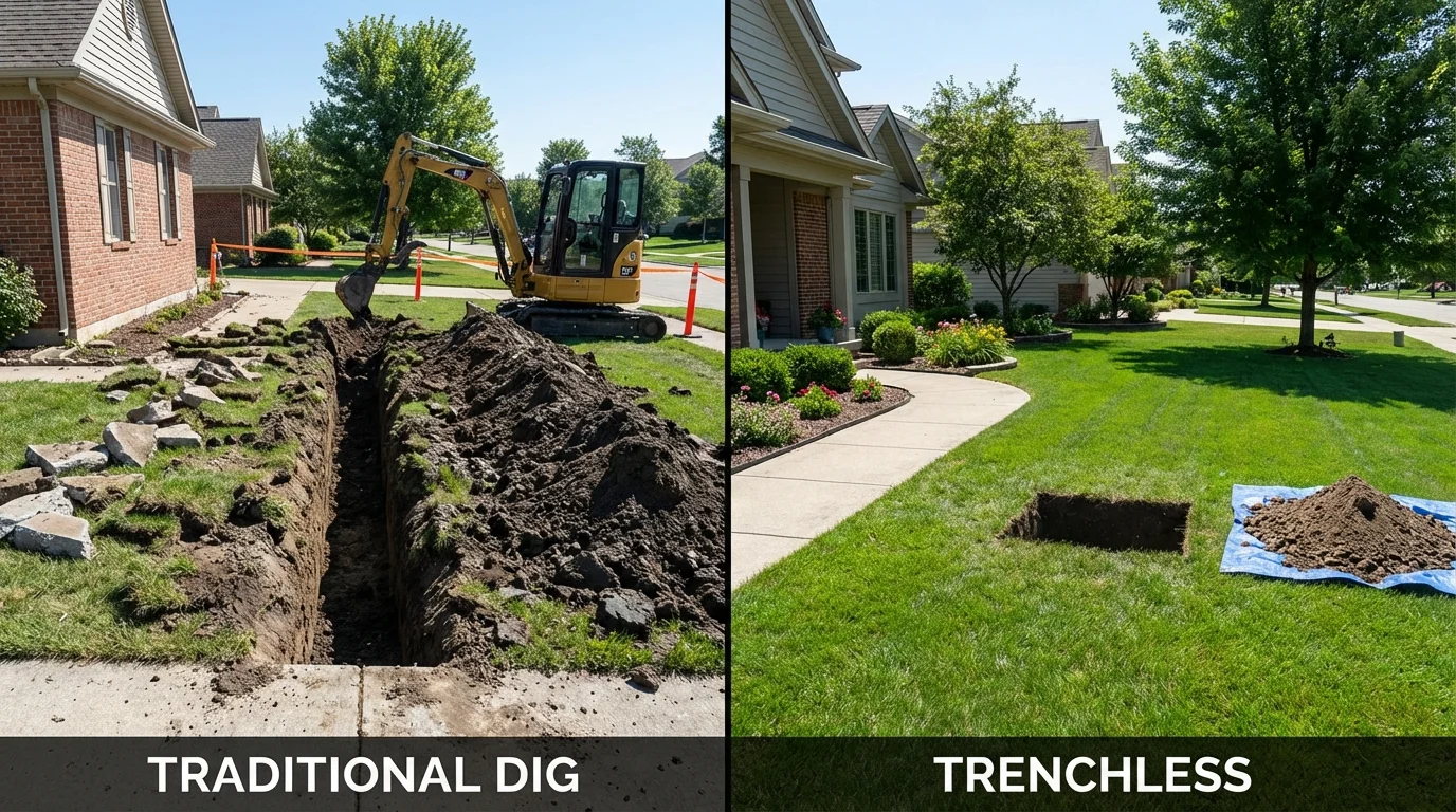 Trenchless sewer repair with minimal yard damage versus traditional excavation in Deerfield, WI