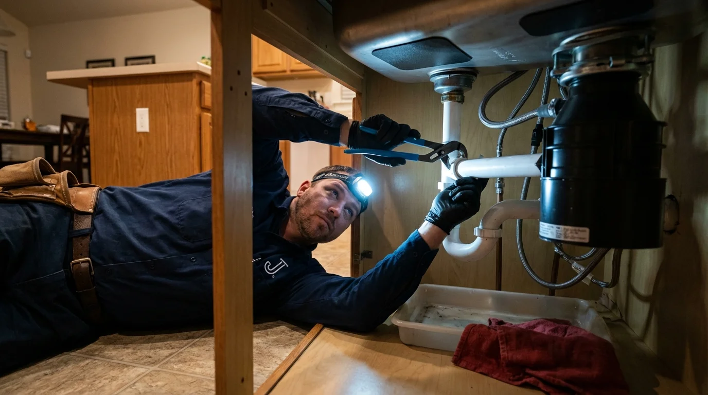P-trap and supply line connections under a kitchen sink showing a common leak point in Deerfield, WI